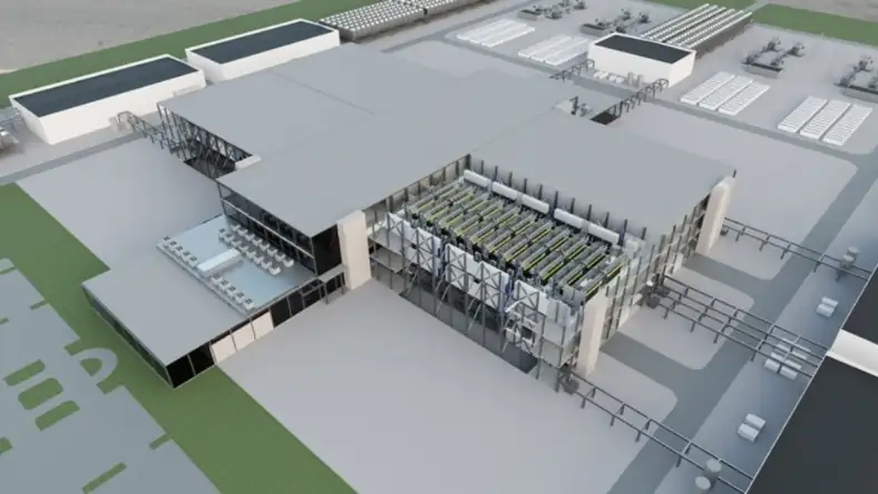 Architectural render of a large industrial facility with open battery or fuel cell arrays in a central module